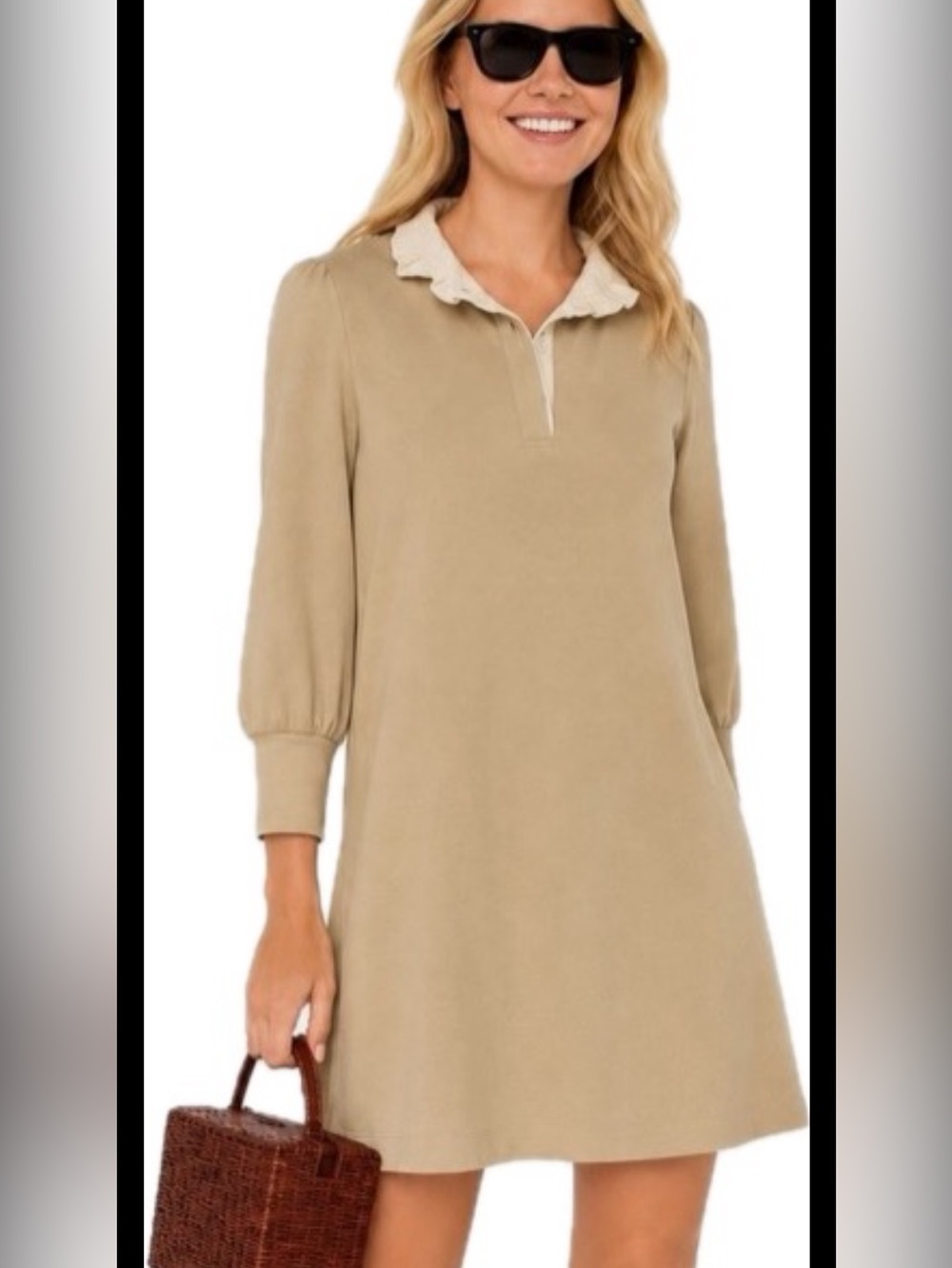 Pomander Place x Tuckernuck Long Sleeve Ruffle Collar Open Neckline Dress Beige